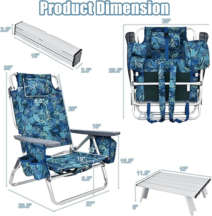 Giantex Folding Beach Chair Patio Sling Chairs with 5 Adjustable Position Head Pillow Storage Bag Towel Bar Cup Holders Backpack Chairs for Sunbathing Camping Chair