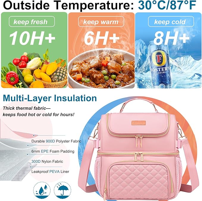 Lunch Bags for Women Dual Compartment Lunch Box Lunch Bag for Work Leakproof Lunch Cooler Large Insulated Lunchbox for Adult for Women Men Lunchbag for Picnic Beach (Pink)