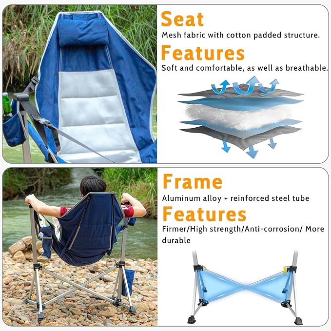 Romswi 2-Pack Aluminum Hammock Chair with Footrest Oversized Portable Folding Swinging Chair with Adjustable Back &amp Seat Lightweight Rocking Camp Chair Supports 440lbs for Outdoor Patio - Blue