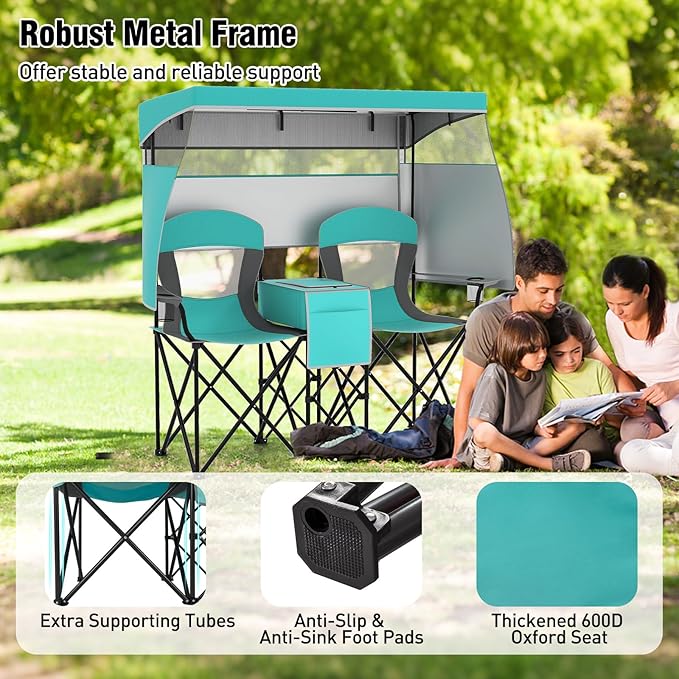 S AFSTAR Camping Chair with Canopy 2-Person Folding Beach Chair with Cup Holders 3-Side Shading Curtains &amp Cooler Bag Foldable Loveseat Lawn Chair for Camping Outdoor &amp Fishing (Turquoise)