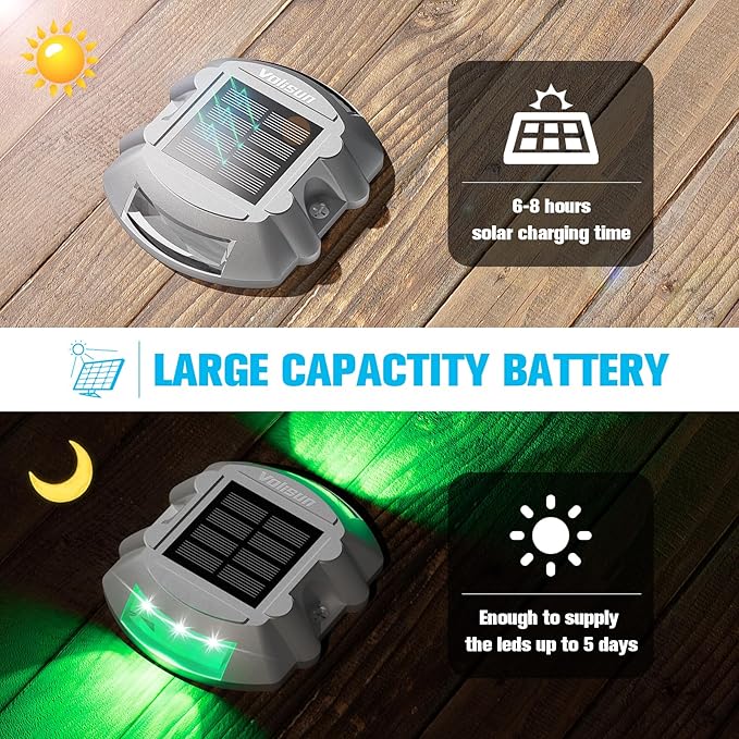 VOLISUN Christmas Solar Deck Lights Driveway Dock Lights 4-Pack Led IP68 Waterproof Outdoor Warning Step Light for Driveway Sidewalk Garden Pathway Yard(Green Auto On/Off