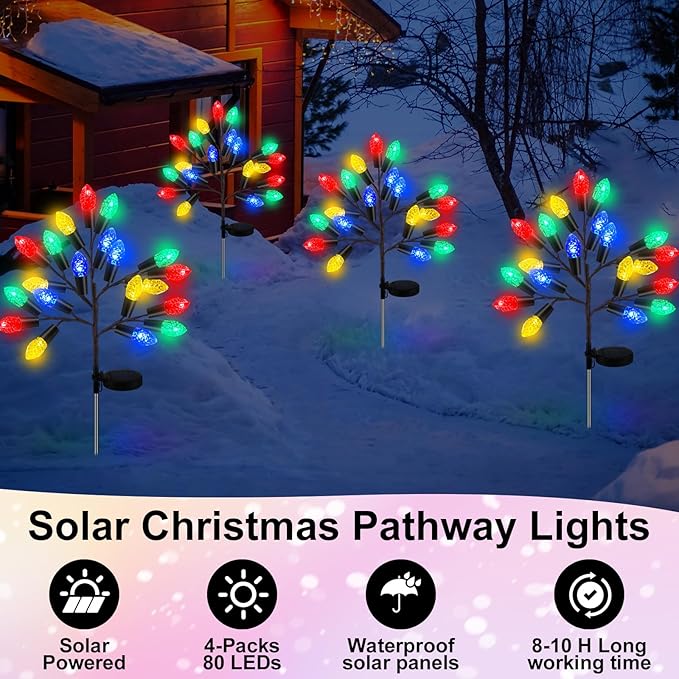 2 Pcs Christmas Solar Pathway Lights Outdoor Decorations 28 Christmas Stake Lamp Yard Waterproof 8 Modes 20 LED Pine Cones Tree for Walkway Path Garden Patio Decor