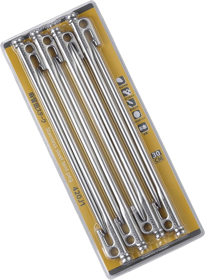 CAMPINGMOON 11.8-inch Forged Tent Pegs 8-Pack Stainless Steel 420J Heat Treated High Fatigue Strength HB366-388 Maruda Stakes K30-8P