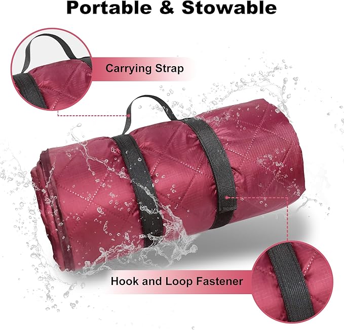 Waterproof Outdoor Blanket 82”X 55” Packable Stadium Blankets for Camping with Quilted Fleece Lining Large Windproof Emergency Throw Mat for Garss Picnic Hiking Road Trip Machine Washable Wine