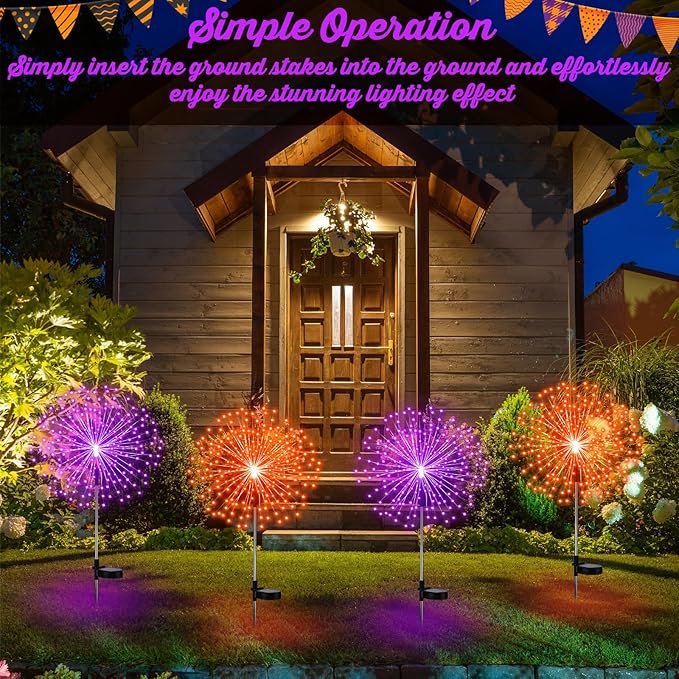 6 Pcs Easter Solar Firework Stake Lights 180 LED 8 Modes Solar Waterproof LED Sparkler Lights Outdoor Decoration for Christmas Holiday Garden Patio Yard Pathway Walkway Orange Purple