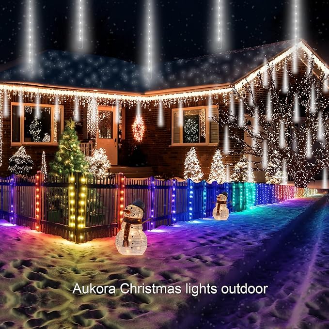 Aukora White Christmas Lights Outdoor UL Plug 24 Tubes 576 LEDs Meteor Shower Light Tandemable Icicle Snow Falling Rain Light for Xmas Tree Halloween Decorations Wedding Party Holiday Garden Decor