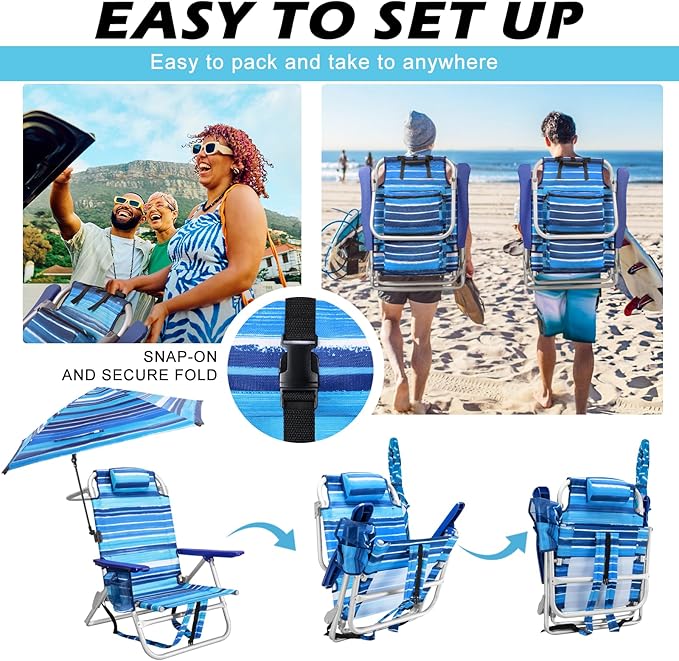Beach Chair Backpack Chairs for Adults with Adjustable Umbrella Folding Beach Chairs with Storage Pouch Cup Holder &amp Towel Rack Adjustable Lounge Chair for Seaside Blue Strap