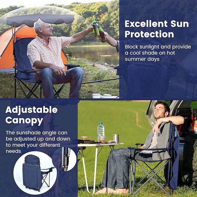 KOTEK Camping Chair with Canopy Portable Canopy Chair with Shade Cup Holder &amp Carry Bag Outdoor Folding Chairs for Sports Events Fishing Beach Picnic Hiking Travel (Blue)