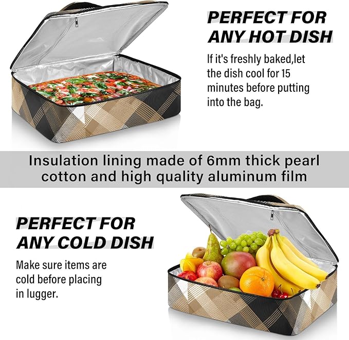 Casserole Carrier Pattern Black Brown Tartan Plaid Insulated Casserole Carrier for Hot or Cold Food Thermal Lunch Tote for Parties Picnic Travel Carry Bag