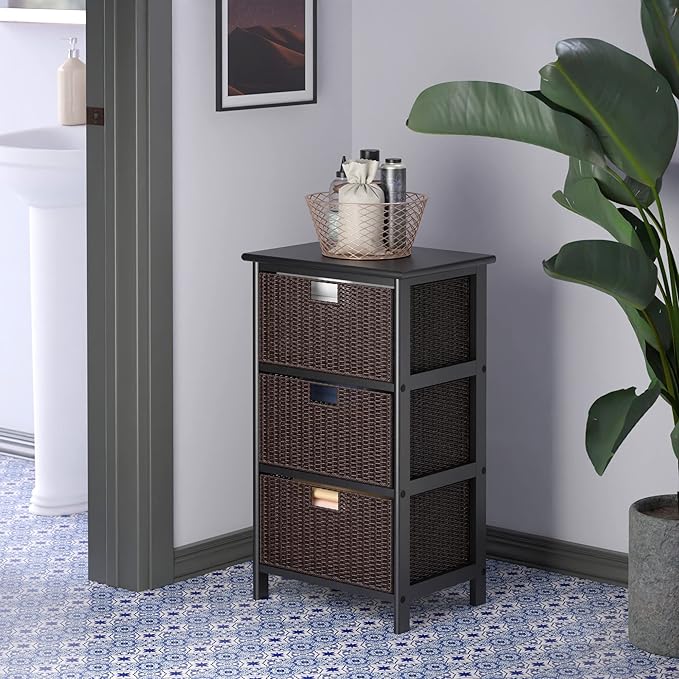 Omaha Storage Rack with 3 Foldable Corn Husk Baskets Black and Chocolate