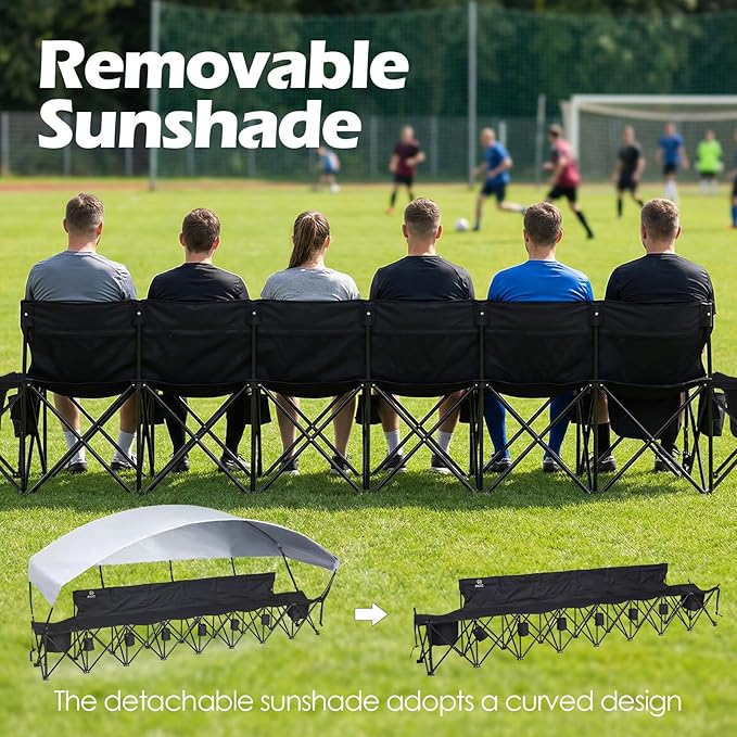 Nice C Portable Folding Bench with Canopy Soccer Team Bench with Sun Shade 6 Seat Fabric Outdoor Sports Chair for Adults with Cooler &amp Cup Holder for Football Basketball Camp Events (Black)