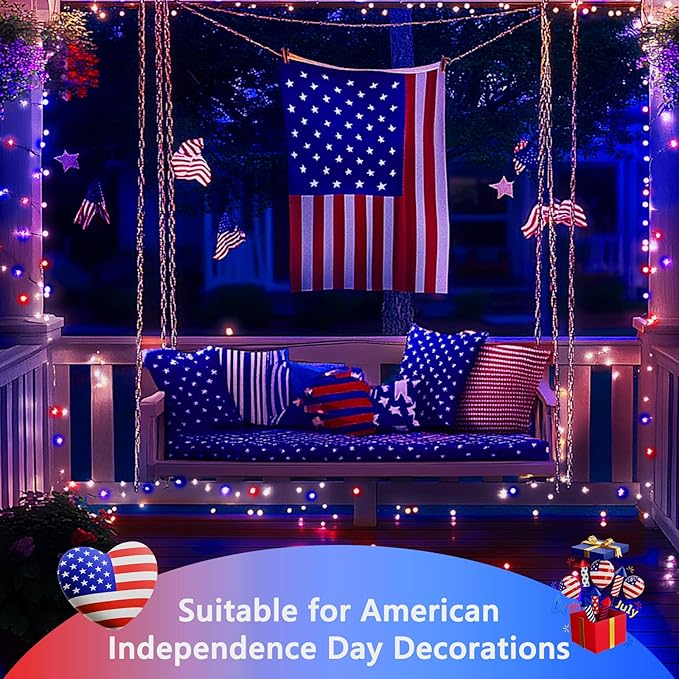 4th of July Decorations Solar String Lights 2Pack 400LED Independence Day Lights for Outside Red White and Blue Solar Light Waterproof Copper Wire 8 Modes Twinkle Light for Memorial Day National Day