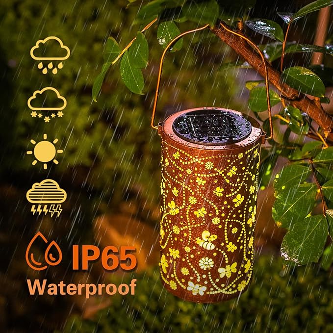 2 Pack Bee Solar Lanterns Outdoor Waterproof Hanging Solar Lights Bee Gifts for Women Men Metal Decorative LED Bee Lanterns for Garden DecorYardPatioLawnTabletopPathwayLandscape