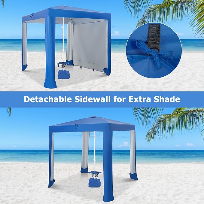 Tangkula 6.6x6.6 Ft Beach Cabana Portable Beach Canopy with Detachable Sidewall 5 Sandbags 2 Cup Holders Sand Anchor UPF 50+ Sun-Protection Outdoor Beach Umbrella Shelter with Carrying Bag
