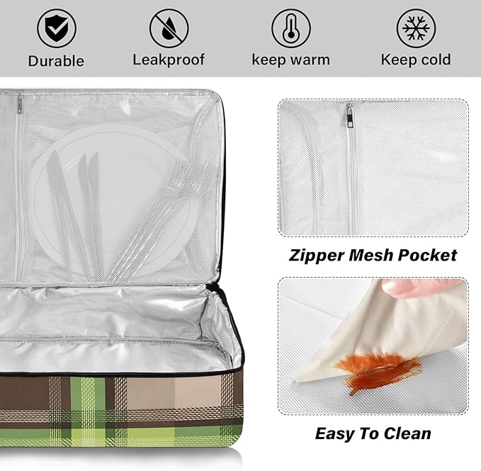 Casserole Carrier Green Brown Tartan Plaid Insulated Casserole Carrier for Hot or Cold Food Thermal Lunch Tote for Parties Picnic Travel Carry Bag