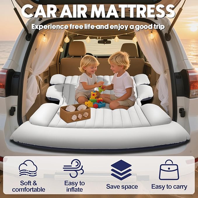 SUV Air Mattress with Air PumpThickened Camping Bed with 2 PillowsPortable Car Air MattressQuick Easy Set-UpInflatable Bed for CarDurability car Bed for SUV HomeTravelCamping(GreyBlue)