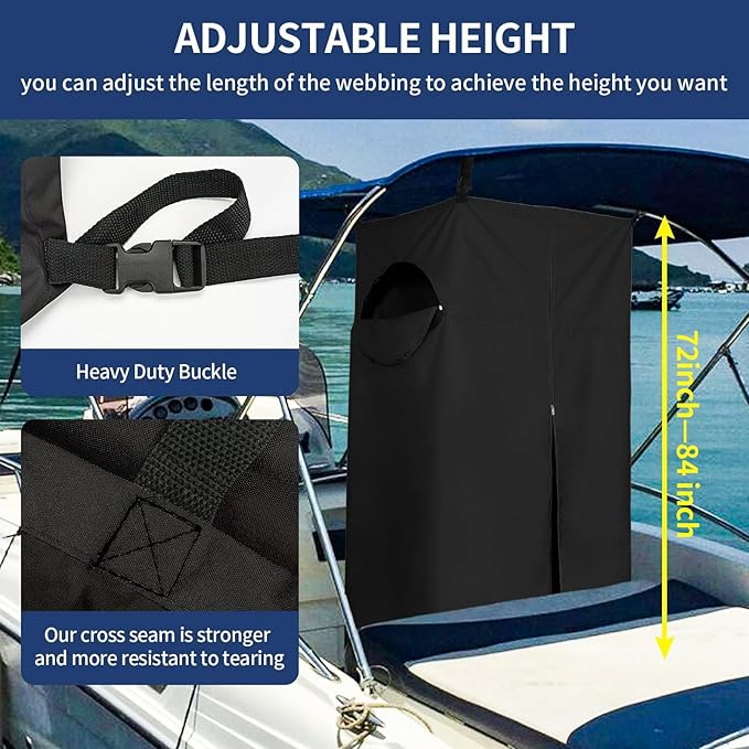 Tuszom 600D Privacy Tent for Boat Heavy Duty Hanging Changing Room for Bimini Top with Storage Bag Portable Privacy Station for Pontoons (27 W x 30 D x 72 -84 H) (Black)