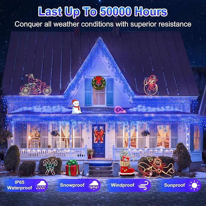 504LED 50ft Christmas Lights 112Drops 12 Modes Blue Christmas String Lights Outdoor Dimmable Waterproof Christmas Decoration Fairy Lights with Timer for Eaves Indoor Party Patio Window Fence Blue