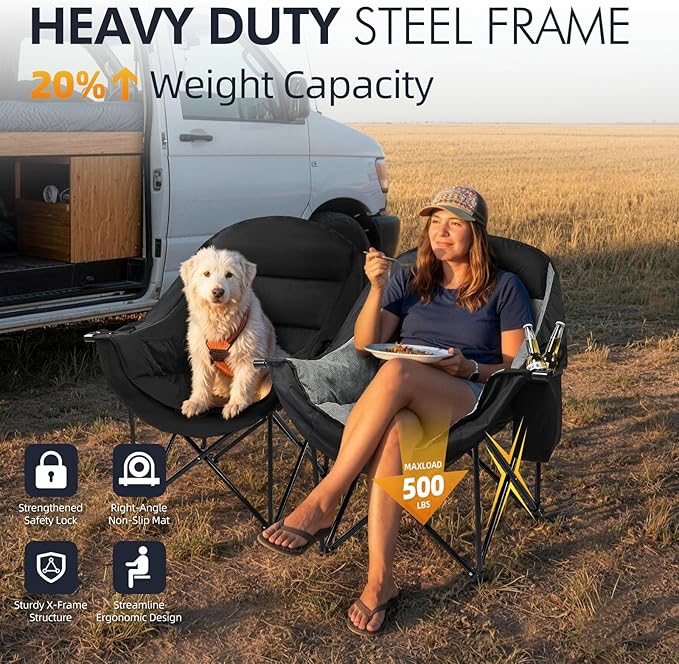 Oversized Camping Chair for Adults - Heavy Duty Outdoor Padded Large Lawn Camp Chair with Cup Holder Cooler Pockets for Sports Beach Fishing Garden Portable Supports 500lbs Black/AllBlack 2 Pack