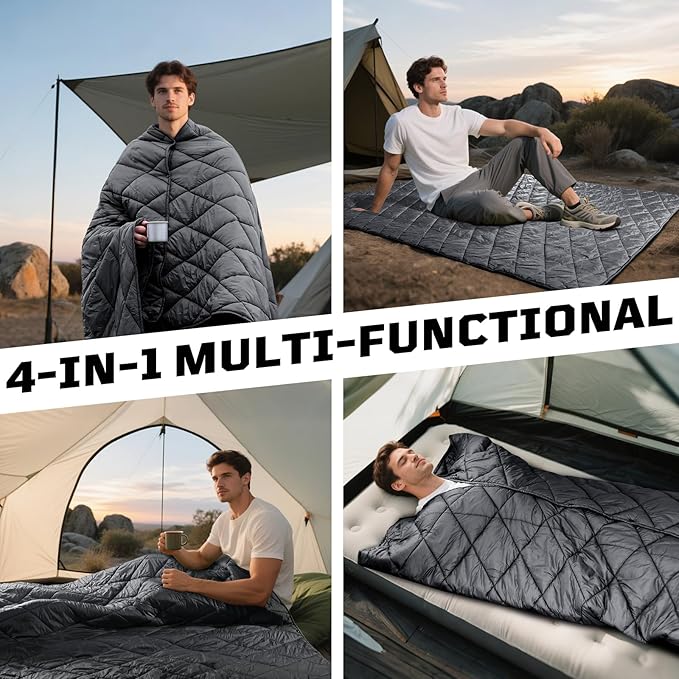 Camping Blanket - Packable Ultra Warm and Lightweight with Snap Button Backpacking Quilt Water-Resistant for Sleeping Outdoors Travel and Indoor Use - Large/Gray