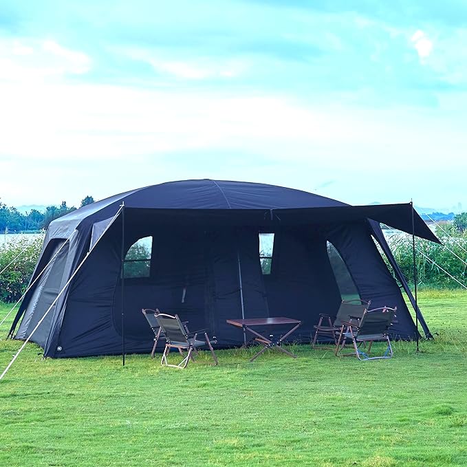 KTT Extra Large Tent 12-14 PersonFamily Cabin Tents2 RoomsStraight Wall2 Doors 4 Windows with MeshWaterproofStraight WallBig Tent for OutdoorPicnicCampingGathering(Brown)