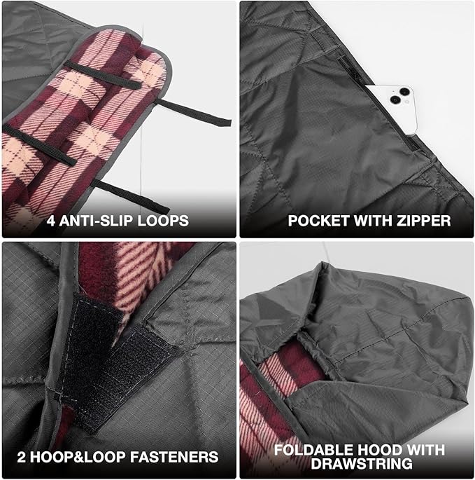 DUKUSEEK Large Camping Blanket - Waterproof Quilted Extra Thick Fleece Warm Windproof Wearable Includes Foldable Hood and Stuff Sack for Car Outdoor Sports Picnics Stadiums Dogs…