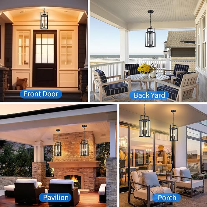 17.8'' Large Outdoor Pendant Light 2-Light Modern Black Metal Outside Chandelier Exterior Hanging Fixture Ceiling Mount with Clear Glass for Front Porch Entrance Entryway 1 Pack