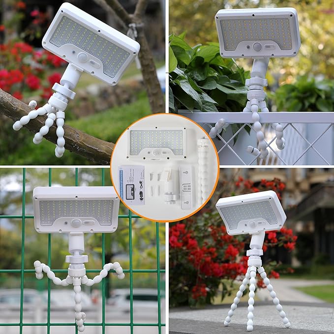 Motion Sensor Outdoor Lights with Flexible Octopus Tripod - 600LM Solar Sercurity Lights Waterproof Dual Charging Solar Ourdoor Light for CampingFence Patio (White-2pcs)