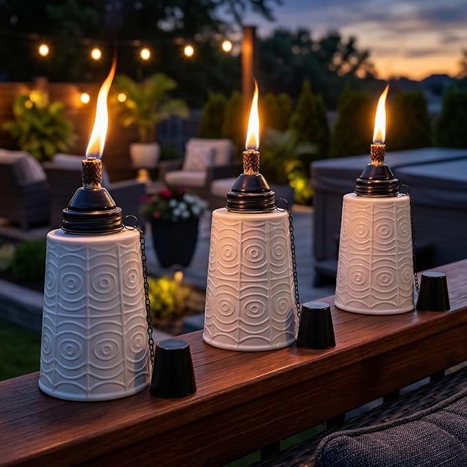 Seraphic Citronella Table Top Torches for Outdoor Patio 16oz Decorative Glass Torch Citronella Candles for Outside Deck Garden Parties Set of 3 White