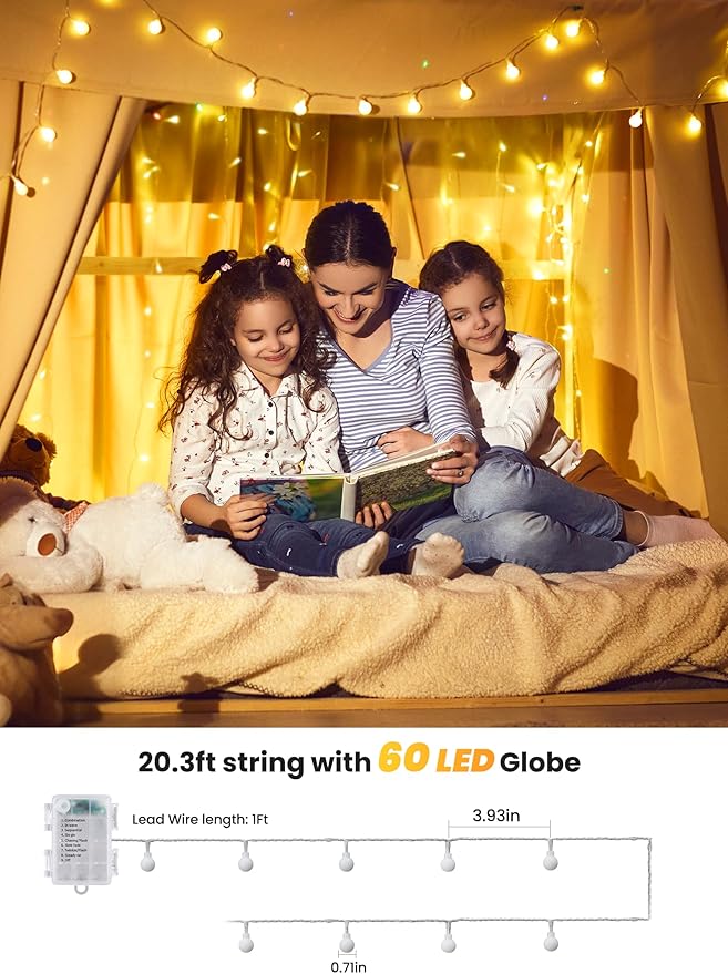 Brightown Battery Operated String Lights for Bedroom 2 Packs Total 39Ft 120 LED Globe Fairy Lights for Balcony Classroom Wedding Girls Room RV Christmas Garden Party Camping Indoor Outdoor Decor