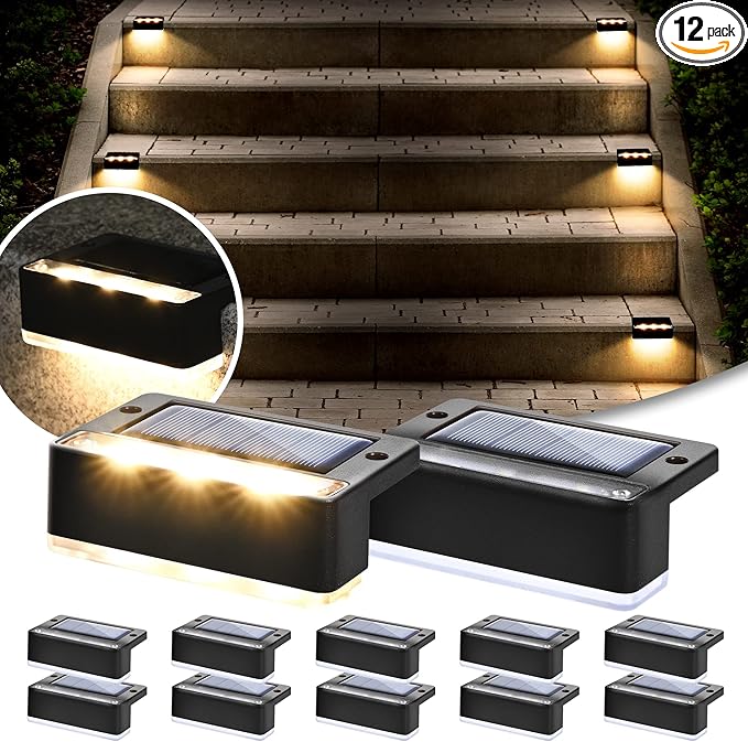 SOLPEX Solar Fence Lights 6 LEDs Solar Lights Outdoor Waterproof Solar Powered for Deck Stair Front Porch Balcony Walkway Garden Yard Patio Pool Decor IP65 Waterproof (12 Pack Warm White)