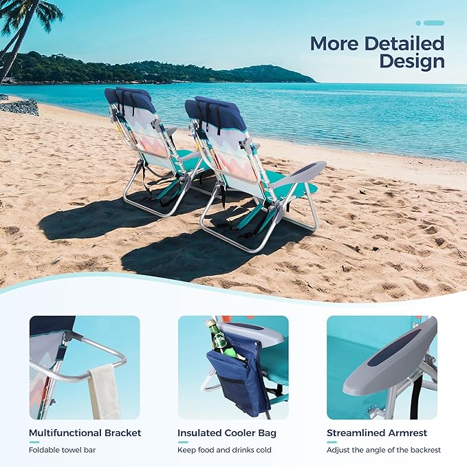 LET'S CAMP Backpack Beach Chair Set of 2 4-Position Classic Lay Flat Pillow and Padded Shoulder Straps Storage Pouch and Towel Bar Support 250LBS Wave