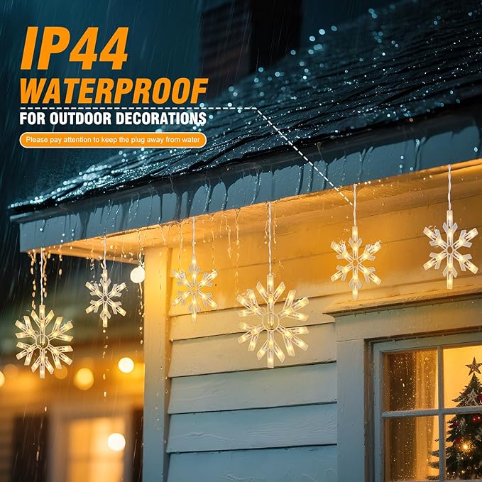Snowflake Christmas String Lights with 9 Drops - 13ft 150 Mini Bulb Icicle Lights with Hooks Plug-in Connectable Hanging Lights for Christmas Home Indoor Outdoor Party Wedding Holiday Décor 2 Pack