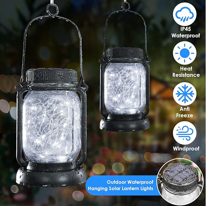 Mlambert Cool White 4 Pack Solar Hanging Mason Jar Lights with Stakes Waterproof Decorative 30 LEDs Outdoor Solar Lantern Lamp Patio Garden Tree Yard