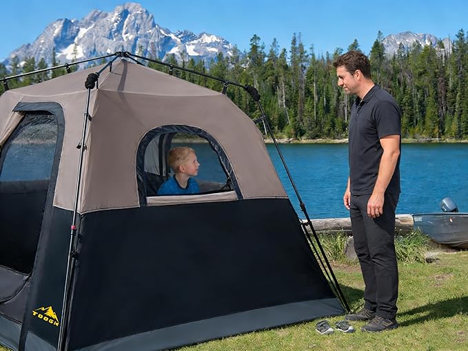 3/4 Person Camping Tent with 1 Door 4 Windows and Upgraded Ventilation– Instant Setup Waterproof 8'x 8'x 67''Oxford Fabric Floor Pop Up in 60 Seconds Includes Rainfly and Backpack