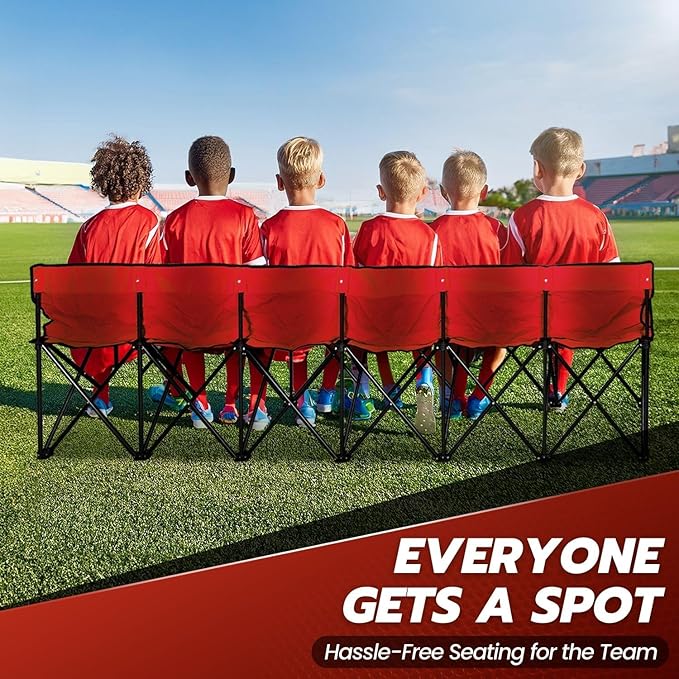 Flexzion Portable Folding Bench Seat 6 Seater Collapsible Soccer Bench Portable Bench Seats for Bleachers Camping Sideline with Back Rest and Carrying Bag Red