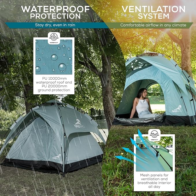 Automatic Camping Tent 3-in-1 Pop Up Tent for 4 People - Waterproof Polyester Ripstop with UV Protection Silver Coated Inner Layer Ideal for Family Camping.