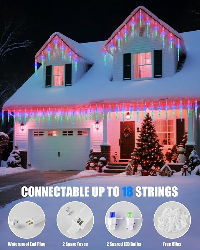 Minetom Icicle Lights Outdoor with Clips 20ft 100 LED 20 Tubes Twinkling Crystal Icicle String Connectable Waterproof Hanging Christmas Lights Plug in for Eave Outdoor Multicolor