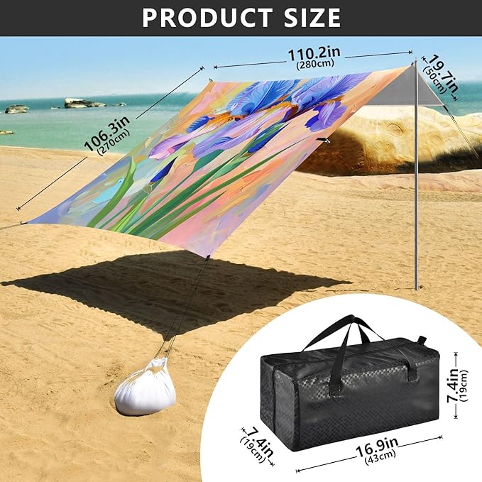 ALAZA Iris Flower Painting Beach Tent Sun Shelter UPF50+ Protection Beach Shade Canopy w/ 4 Sandbags for Outdoor Camping Fishing Backyard Fun Picnic 10x9 ft