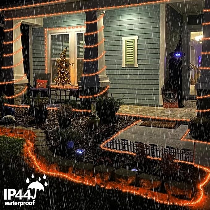 QITONG Orange Solar Rope Lights 2 Pack Each 33ft 100 LED String Lights Outdoor Fairy Lights in Clear Thin Tube with 8 Modes for Thanksgiving Fall Decor