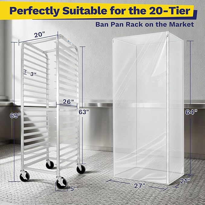 20-Tier Sheet Pan Rack with Cover NSF Bun Pan Rack Aluminum Bakery Rack Home Commercial Kitchen Bakery Cooling Rack Cart 4 Wheels