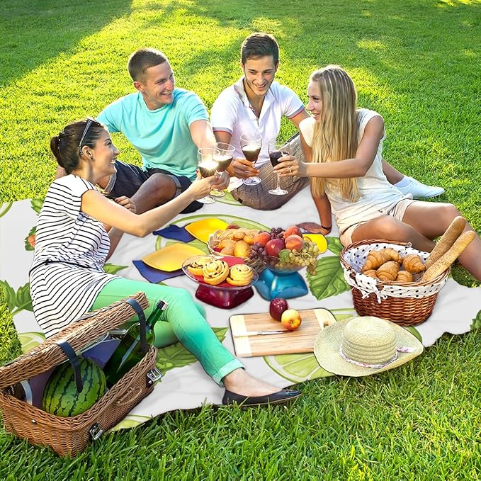 Waterproof Sandproof Beach Blanket 59''×68'' Mint Lemon Polyester Outdoor Picnic Blanket with 4 Stakes &amp Storage Bag for BeachCampingVacation White