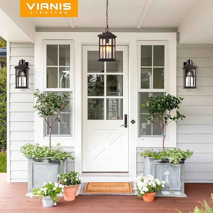 VIANIS Large Outdoor Pendant Lights for Porch Oil Rubbed Bronze Farmhouse Hanging Porch Lights Outdoor with Tempered Glass Anti-Rust Waterproof Exterior Chandelier for Patio with Adjustable Chain
