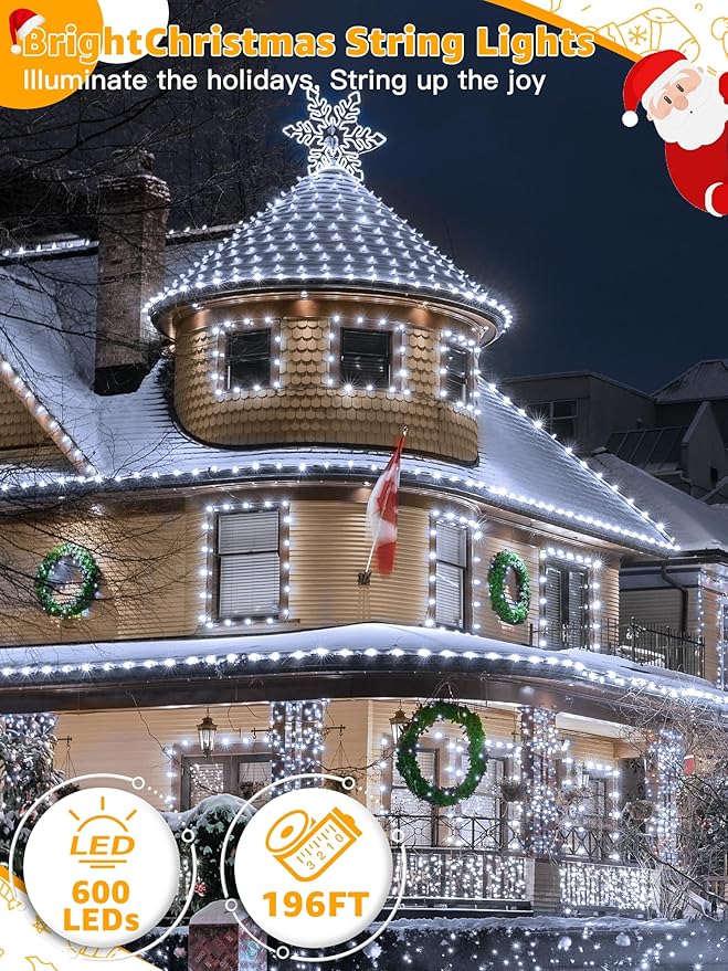 600 LED 196 FT Christmas Lights Waterproof String Lights with Remote and Timer Christmas Tree Lights with 8 Modes Dimmable Fairy Lights for Holiday Decor (Cool White)