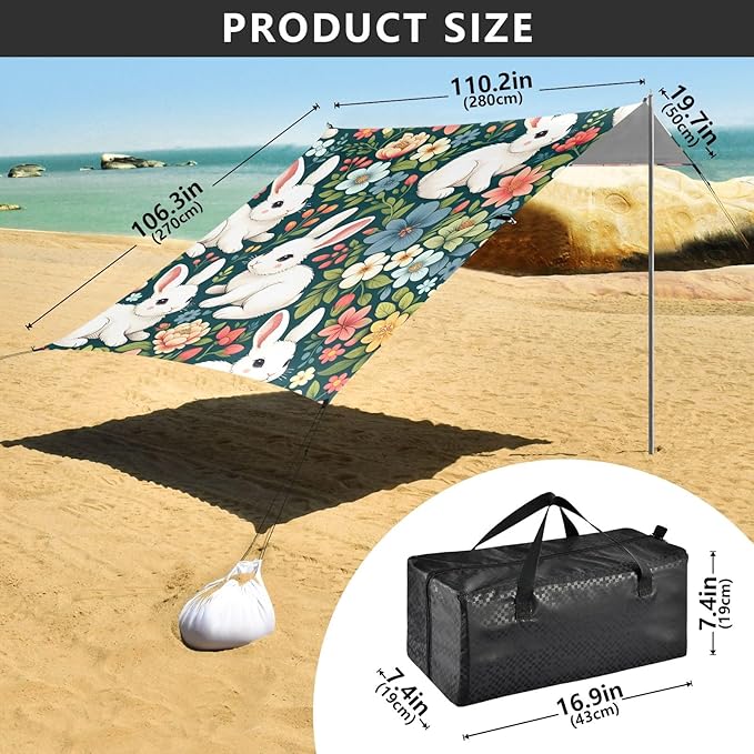 Cute White Rabbits Floral Camping Sun Shelter Beach Tent Portable Beach Sun Shade Outdoor Canopy for Camping Trips Fishing Picnic