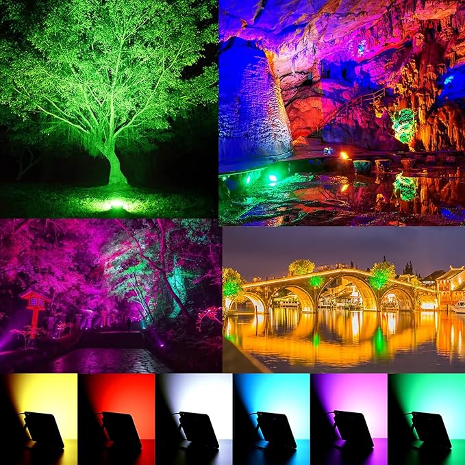 MIWAT 20W 2Pack LED Flood Light Plug in RGB LED Color Changer Lamp with Remote IP68 Waterproof Outdoor Floodlights for Wedding Garden Playground Party