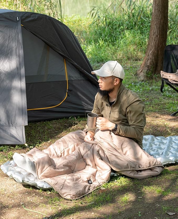 iClimb Heated Camping Blanket with Hood and 5V 5000mAH Battery Pack (Khaki)