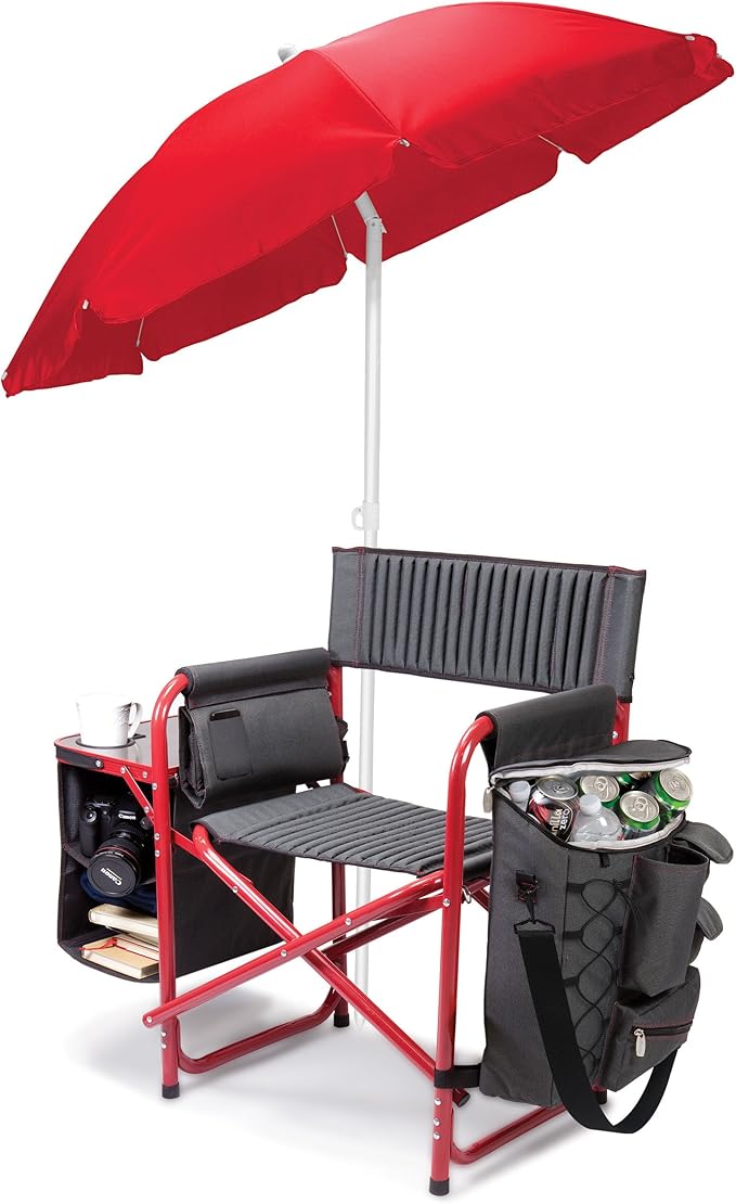 PICNIC TIME Fusion Camping Chair with Side Table and Soft Cooler Outdoor Foldable Padded Camping Chairs with Cup Holder for Lawn Beach &amp Sports Use for Adults (Dark Gray Red Accents)