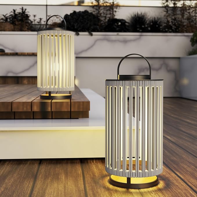 Outdoor Solar Lanterns Outdoor Hollowed-Out LED Floor Lights Aluminum Braided Rope Lantern with Handle for Patio Yard Pathway Grey