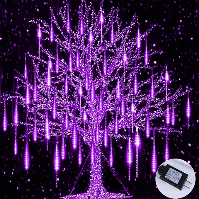 Brightown Christmas Lights Outdoor Meteor Shower Lights Outdoor 16 Inch 10 Tube 360 LED Icicle LightHanging Falling Rain Light for Tree Outside Holiday Xmas Decoration Purple